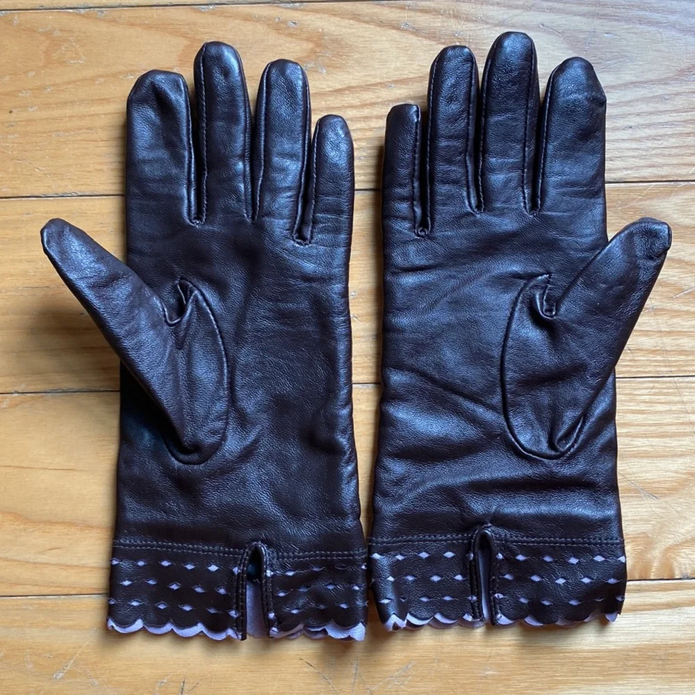 Genuine Leather Notched Brown and Lavender Ladies Gloves Medium